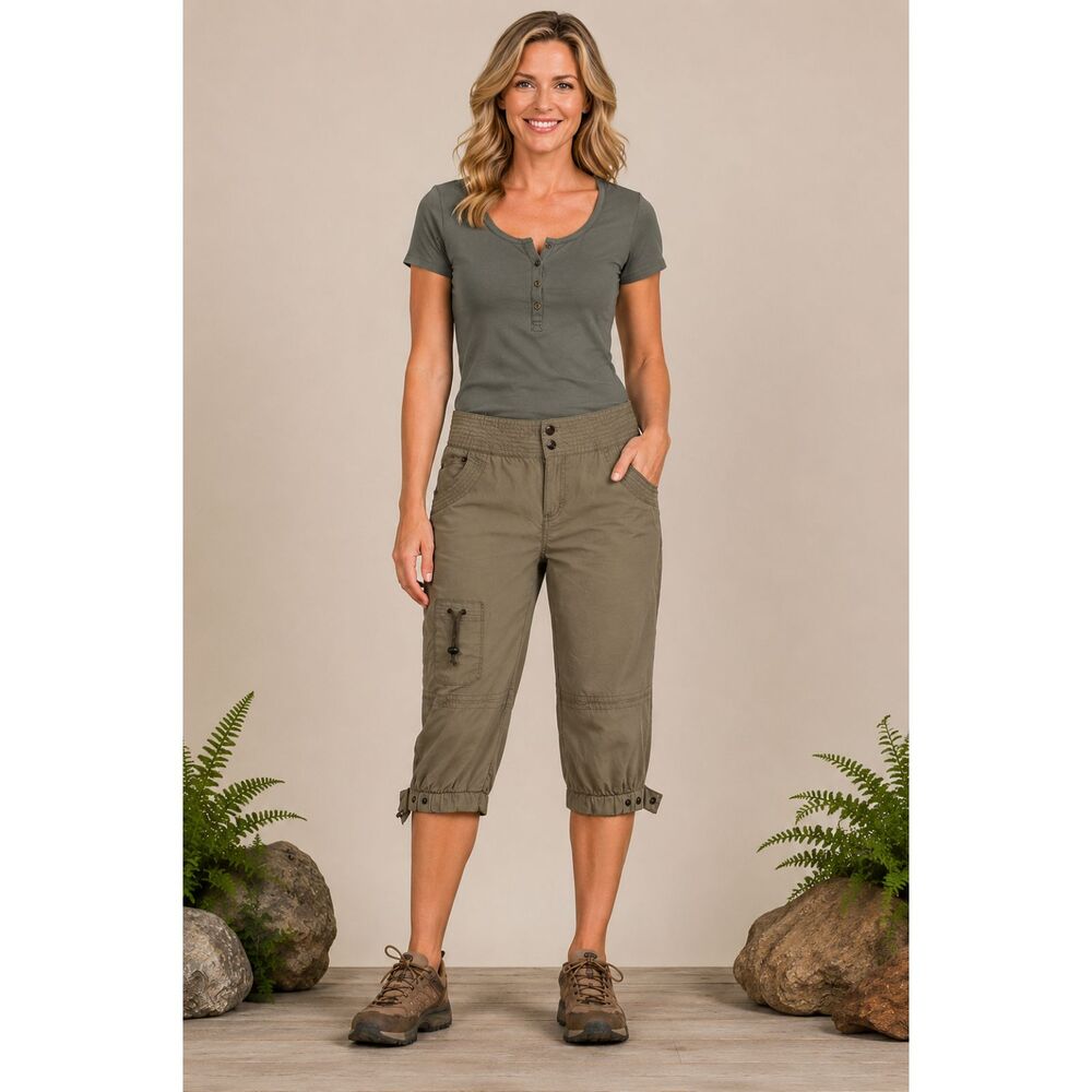 NWOT Ojai Clothing Size 8 Khaki Cargo Capri 100% Cotton Adjustable Hem Utility